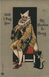 And I Pray You My Masters be Merry - jester with a cat Christmas Postcard Postcard Postcard