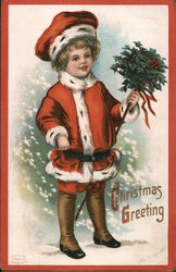 Christmas Greetings: Little boy with holly on a stick Children Ellen Clapsaddle Postcard Postcard Postcard