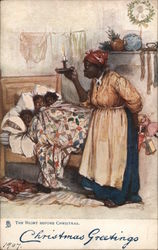 Christmas Greetings -The Night Before Christmas - Black Children Cowering in Bed under Mother's Gaze Postcard Postcard Postcard