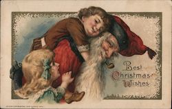 Best Christmas Wishes - Children hugging Santa Claus Postcard