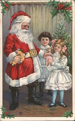 Christmas Greetings- Santa giving gifts to two young girls Santa Claus Postcard Postcard Postcard