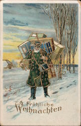 Santa in Green Carrying Packages Through the Snow Santa Claus Postcard Postcard Postcard