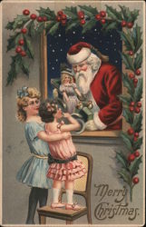 Merry Christmas - Two Children Talking to Santa Through a Window Postcard