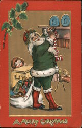 A Merry Christmas - Santa Filling a Stocking Santa Claus Postcard Postcard Postcard