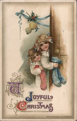 Two Little Girls Hold Stockings And Hide Behind A Door Postcard