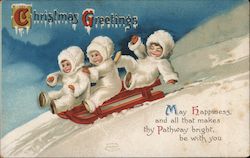 Christmas Greetings - Children Riding Sled Postcard Postcard Postcard