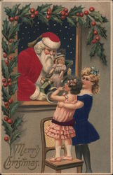 Merry Christmas - Santa and Two Young Girls Santa Claus Postcard Postcard Postcard