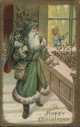 A Happy Christmas - Santa in Green and Child Postcard