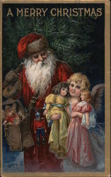 A Merry Christmas - Santa, child and dolls Postcard