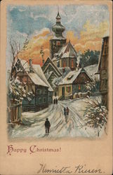 Happy Christmas -- snowy picturesque village, people out walking Postcard