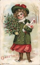 Greetings - Girl festooned in Christmas garb carrying holly and scrolls Children Postcard Postcard Postcard