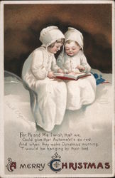 A Merry Christmas - Two Children Reading a Book in Bed Postcard Postcard Postcard