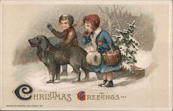 Christmas Greetings - children and dog in snowy outdoor scene Postcard