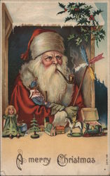 A Merry Christmas - a stern Santa smoking a pipe with toys lined out in front of him Santa Claus Postcard Postcard Postcard