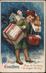 Merry Christmas - Girl Carrying Christmas Gifts Children Ellen Clapsaddle Postcard Postcard Postcard