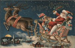 Santa and his sled flying over the rooftops. Santa Claus Postcard Postcard Postcard