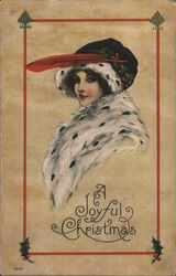 Woman Ermine Feathered Hat A Joyful Christmas Postcard Postcard Postcard