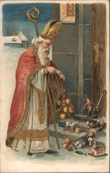 St. Nicholas Bag Of Apples At Door Santa Claus Postcard Postcard Postcard