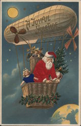 A Joyful Yuletide - Santa with toys in a dirigible floating over earth Santa Claus Postcard Postcard Postcard