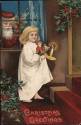 Santa Looks Through Window As Little Girl Goes Upstairs To Bed Postcard