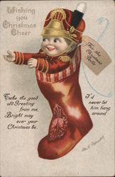 Wishing you Christmas Cheer - Doll in stocking Postcard