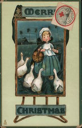 Merry Christmas - little girl with basket, feeding some ducks Postcard