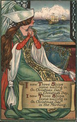 I saw Three Ships come sailing in On Christmas Day . . . Medieval woman looking at ships in the sea Songs & Lyrics Postcard Post Postcard