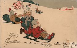 Merry Christmas - children sledding down a snowy hill Postcard