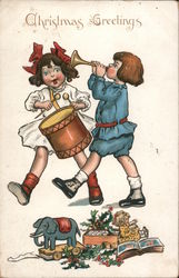 Christmas Greetings Girls Drum Horn Toys Children Postcard Postcard Postcard