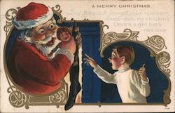 A Merry Christmas - Santa leaving a doll in a stocking for a worried little boy Santa Claus Postcard Postcard Postcard