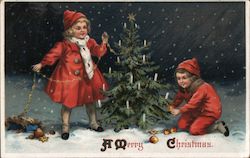 A Merry Christmas - Two Kids Decorating a Christmas Tree in the Snow Children Postcard Postcard Postcard