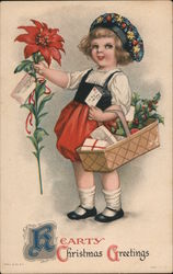 Girl with Holly and Poinsettia and Pressents Children Postcard Postcard Postcard