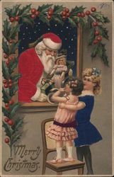 Santa Doll Girls Merry Christmas Postcard