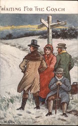 Waiting for the Coach - Four People in Winter Coats at a Signpost Postcard