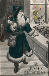 A Happy Christmas: Santa watches a child through the window Postcard