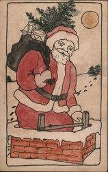 Hand Colored Santa with bag of toys going down chimney Santa Claus Postcard Postcard Postcard