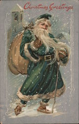 Christmas Greetings Santa in Green Postcard