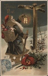 Joyeux Noel-Santa with pack lookiing for direction. Santa Claus Postcard Postcard Postcard