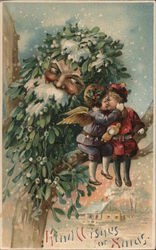 Rare Santa pictured as tree, angel/cherub hugging child on tree branch Postcard