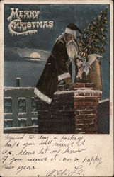 Santa Claus Delivering Toys Through Chimney On Rooftop Moonlit Christmas Eve Postcard