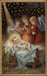 A Merry Christmas-Three angels standing next to the Creche Postcard