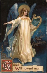 Angel Harp A Joyful Christmas. Good Will toward men. Angels Postcard Postcard Postcard