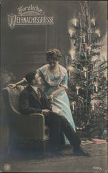 Herzliche Weihnachtsgrusse Man Woman Christmas Tree Postcard