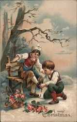 A Merry Christmas - boy helping girl put on ice skates Postcard