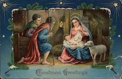 Christmas Greetings-Mary and child in the manager with two sheperds and a lamb. Postcard