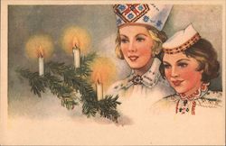 Candles in sprigs of pine, festively dressed women Postcard