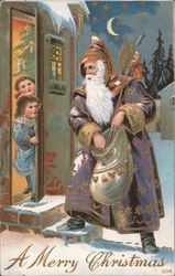 Purple Saint Nicholas at door. Boy and Girl greeting him Santa Claus Postcard Postcard Postcard