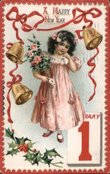 A Happy New Year - Girl in pink gown surrounded by a garland and bells Postcard