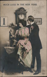 Much Luck in the New Year - photo of couple by clock, toasting with champagne New Year's Postcard Postcard Postcard