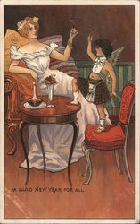 A Guid New Year For All - beautiful lady in elegant gown toasting drinks with cherub or angel Beautiful Ladies Postcard Postcard Postcard